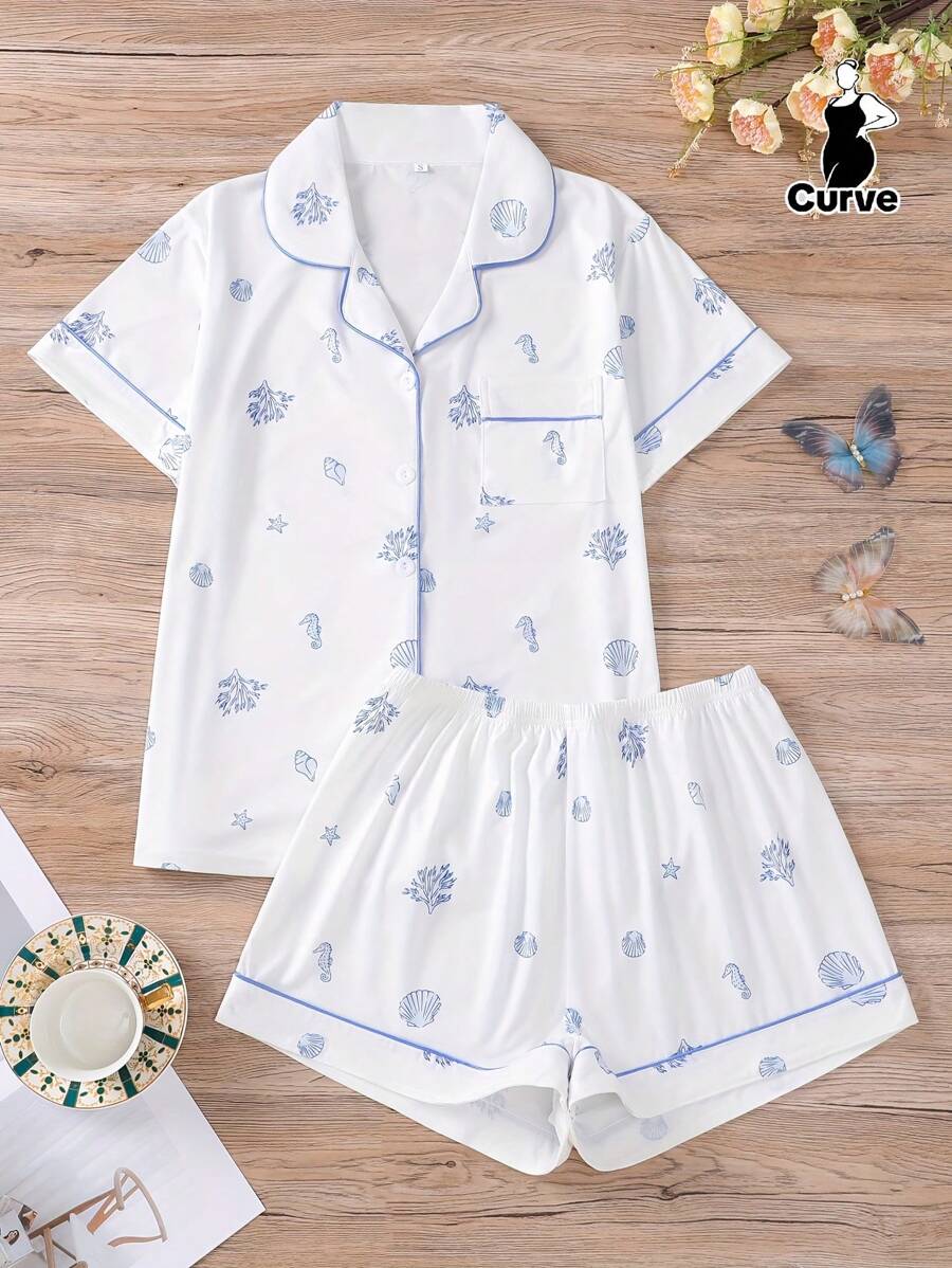 Set de 2 piezas de pijama para mujer de talla grande con estampado de tema oceánico, que incluye camisa de manga corta con cuello y botones, y pantalones cortos de cintura elástica holgada, de uso diario, cómodo y elegante para fiestas y uso casual en casa.