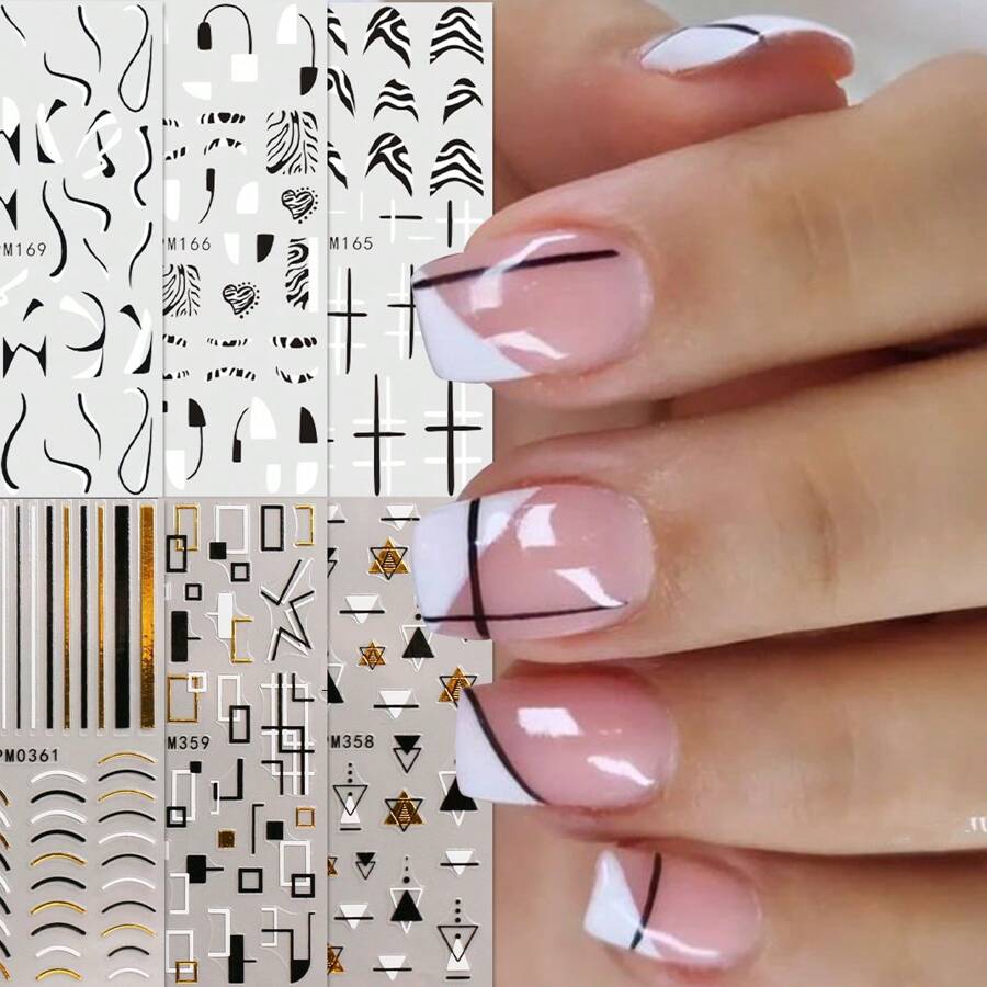 6 Pieces Of Black And White Hot Stamping Simple Geometric Lines French Nail Art Stickers Disposable Self-Adhesive Backing Adhesive Women DIY Art Decoration Accessories Nail Stickers