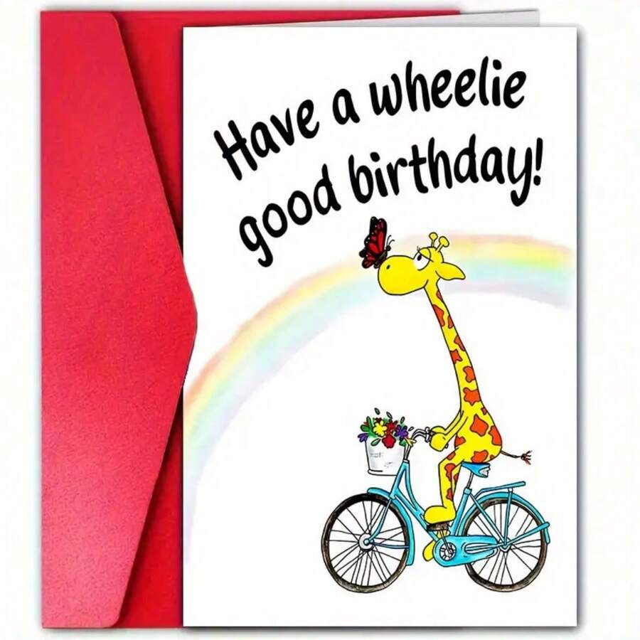 1 cartão de aniversário de girafa com envelope, design "Tenha um bom aniversário em Wheelie" com arco-íris e flores, perfeito para família, amigos, colegas e vizinhos, adequado para qualquer ocasião de aniversário, decoração de girafa
