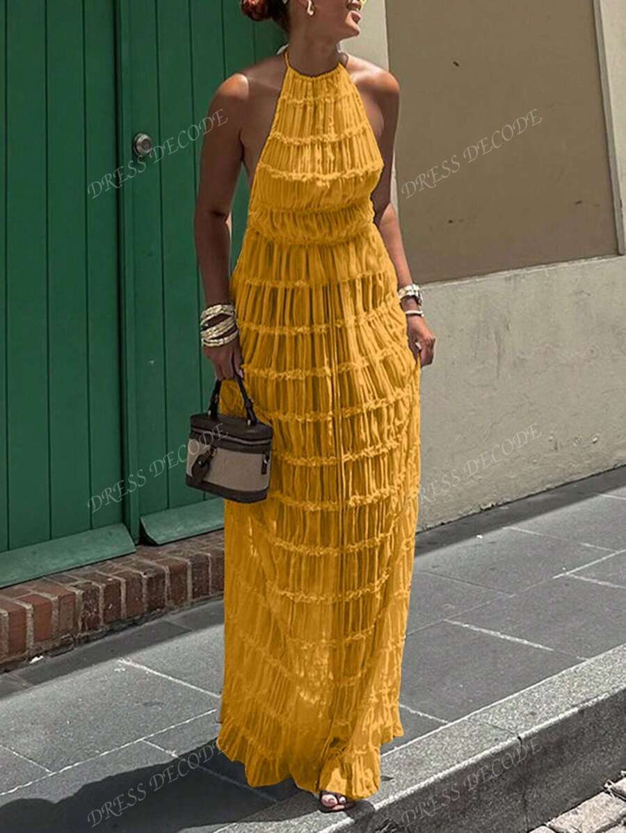 Abito boho sexy con arricciature e schiena scoperta