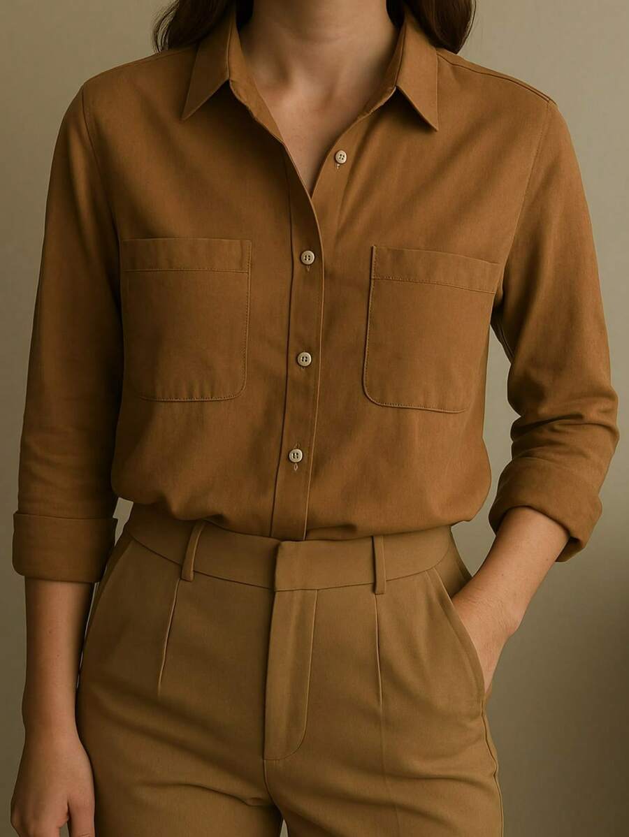 Camisa Feminina Basica Social Manga Longa com bolso e botoes