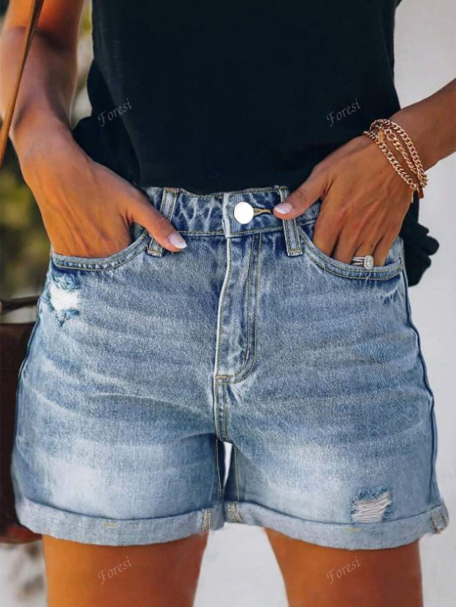 Jeans da donna di stile casual semplice e ampio, con stile vacanziero e lavorazione consumata, in colore unito lavato, di stile americano di transfrontaliero per l'estate