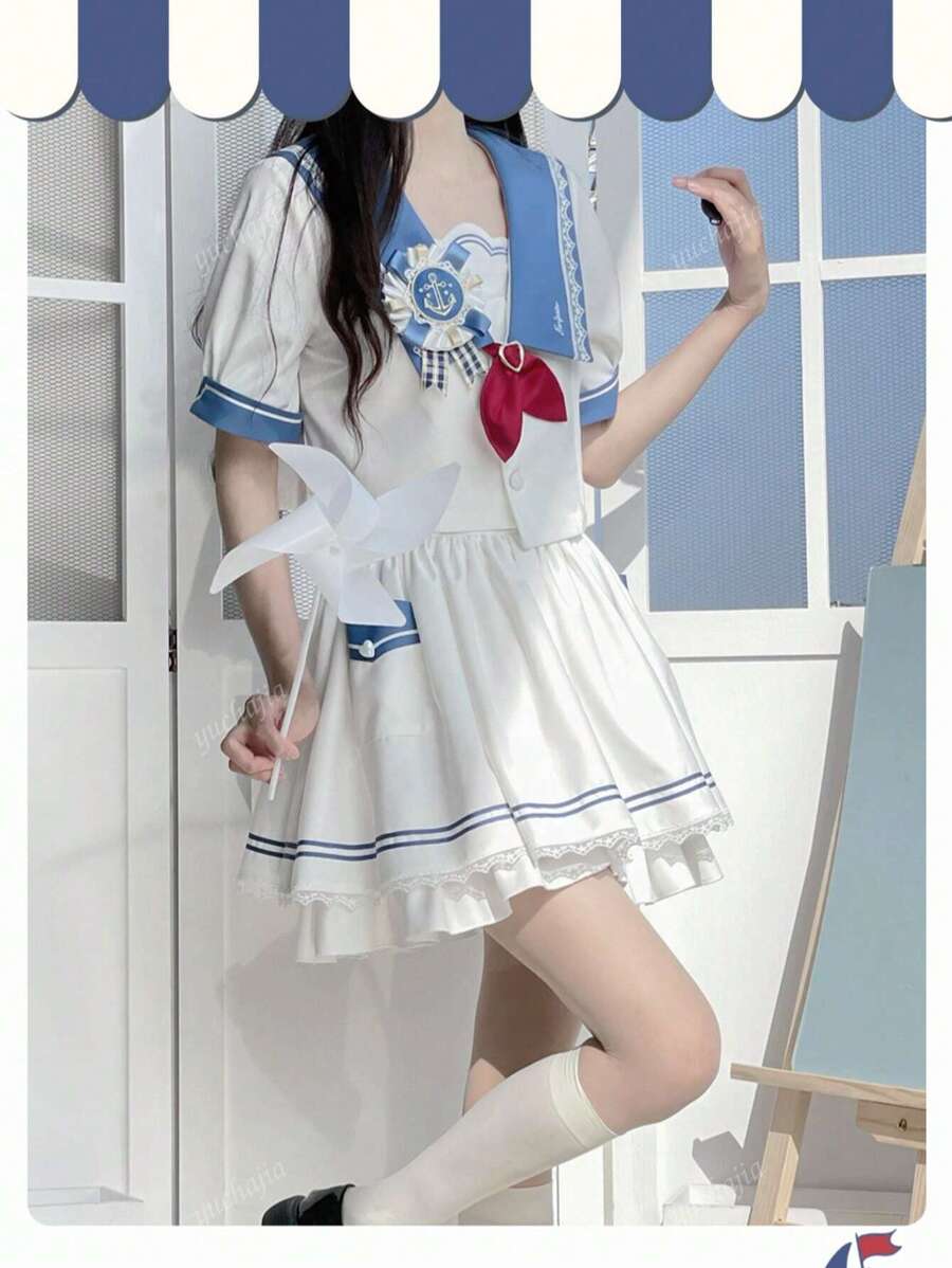 Gotea Girl's Sailor Uniform Set, Blue Navy Academy Style Short Sleeve Summer Set (Comes With Tie)