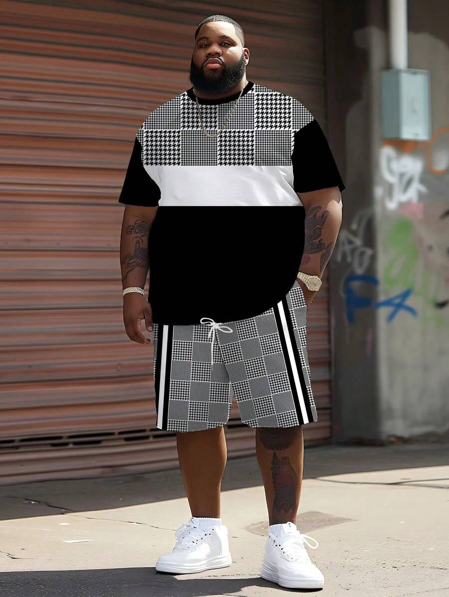 Conjunto de chándal deportivo de talla grande para hombres con estampado geométrico - Tela de punto de poliéster, diseño de cuello redondo, con pantalones cortos con cordón, detalles de bolsillos, ajuste regular, adecuado para tallas grandes