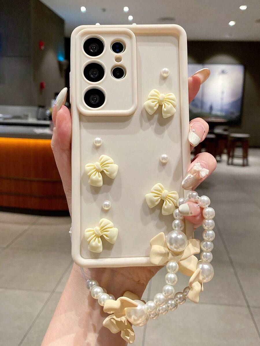 1 Stück beige Schleife Perle verziertes Handyhülle mit Schmetterling Armband, kompatibel mit Galaxy A14 A34 A54 A15 A25 A35 A55 S23 S23Plus S23Ultra S23FE S24 S24Plus S24Ultra S24FE S25 S25Plus S25Ultra