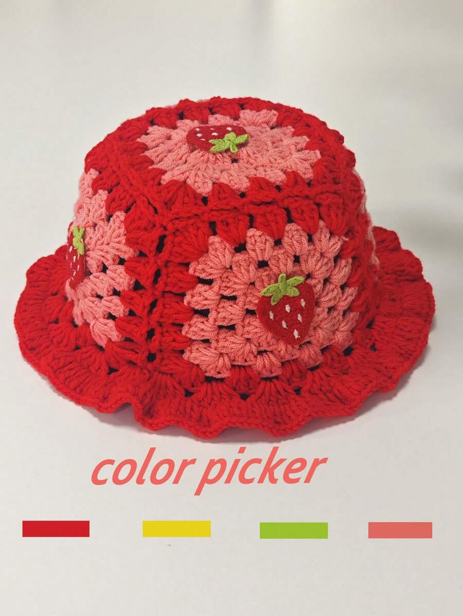 1pc Sweet Strawberry Decor Hand-Knitted Versatile Cap (Strawberry Accessory Position Is Random)