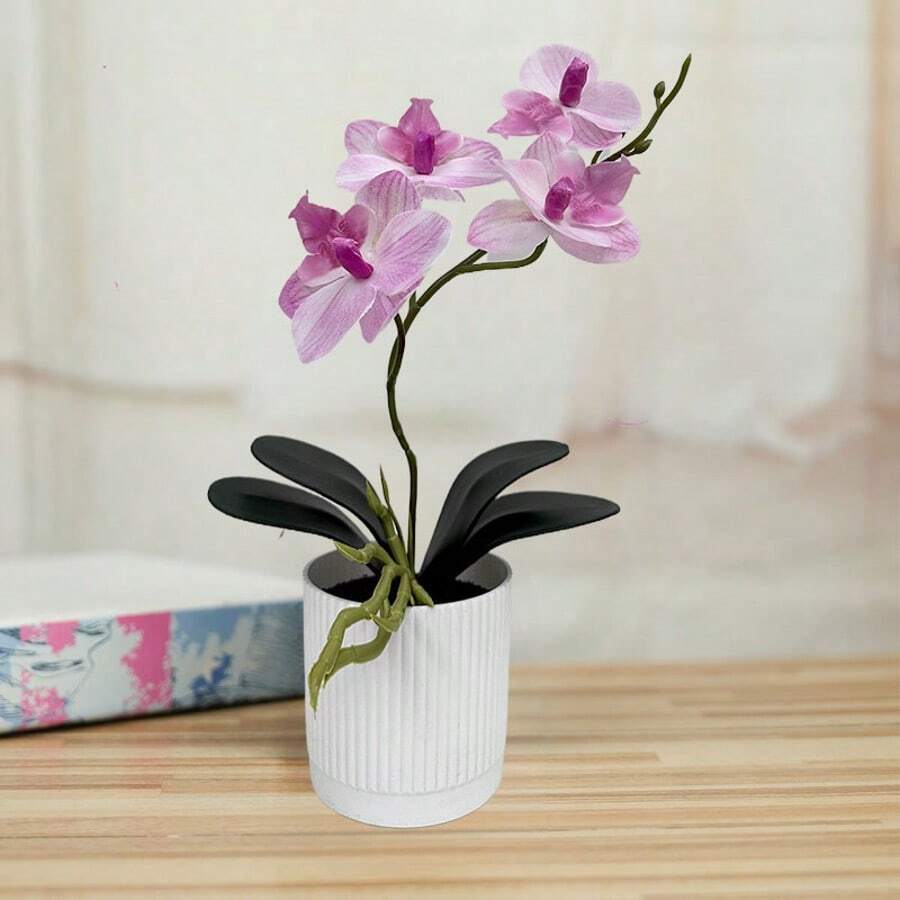 1pc Real Touch Artificial Butterfly Orchid With Vase - Ideal For Home Office Decor, Party Wedding Decoration And Room/Home Decor - Potted Plant