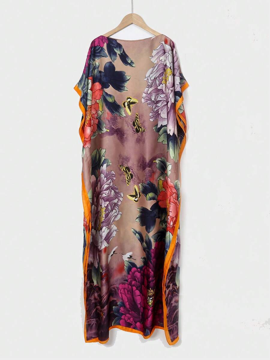 1 pièce Kimono en faux soie à imprimé floral, paréo de plage pour femmes avec protection solaire