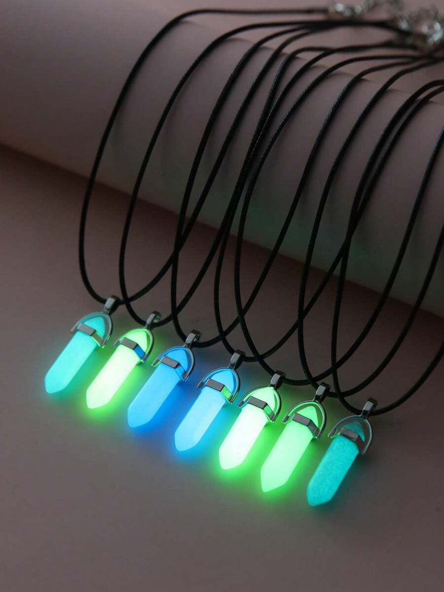 7pcs Multicolor Glow-In-The-Dark Resin Inlaid Star Hexagonal Column Pendant Necklace Set, Suitable As Valentine's Day, Friends, Daily Wear Gift