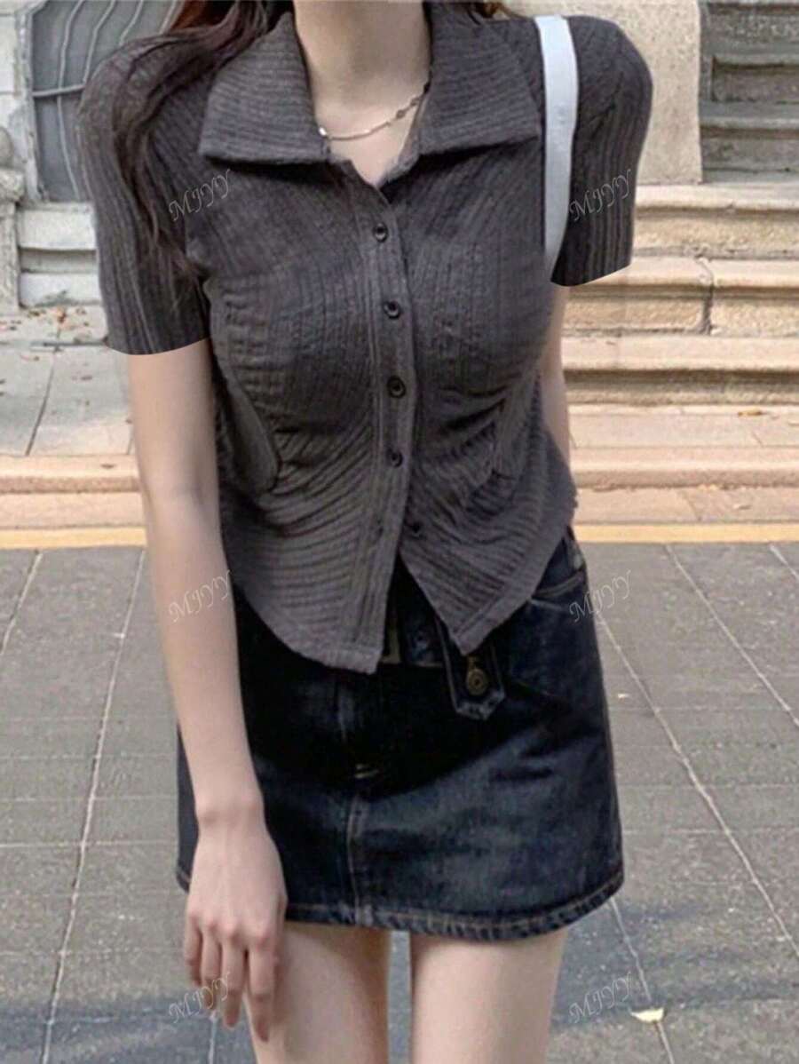 Women's Solid Color Single-Breasted Long Sleeve Ribbed Casual T-Shirt, Spring/Summer
