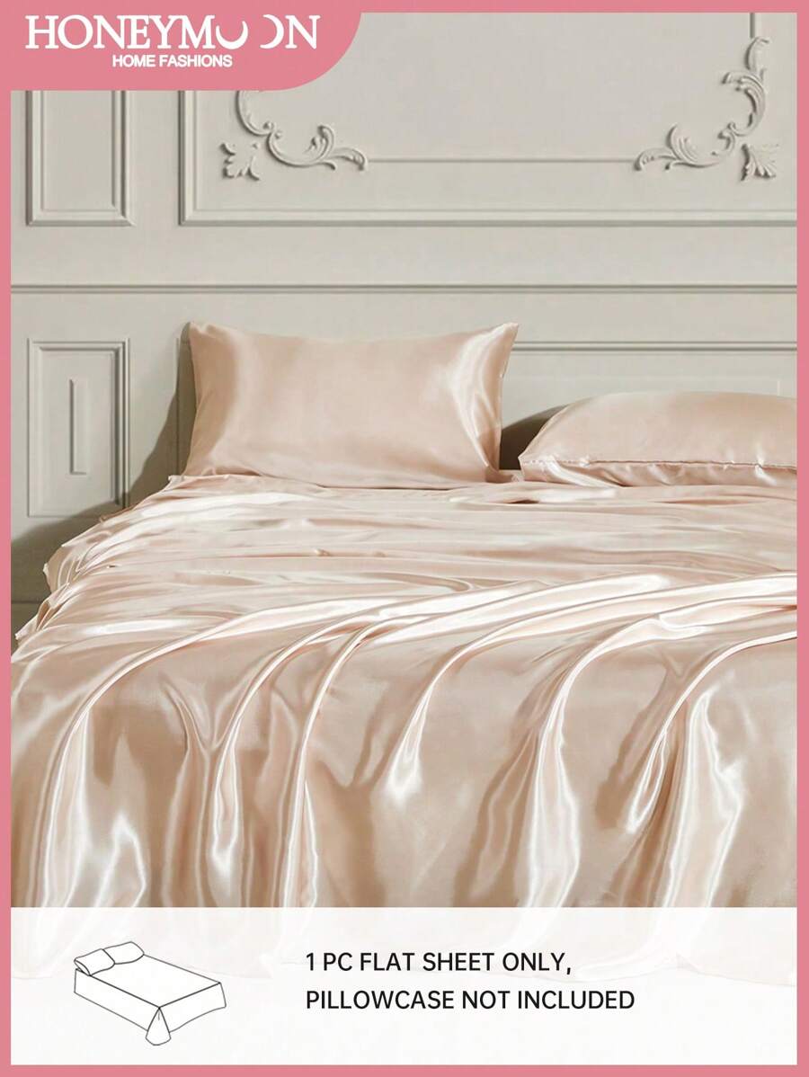 1pc Premium Silky Satin Flat Sheet, Soft Breatheable Wrink-Free Better For Sleep, Luxury Hotel Style, Gift For Mom Dad Friend, Champagne,Deep Pocket Bed Sheet, Soft And Breathable, For All Size Bed -Twin, Full, King, Queen Size Sheet