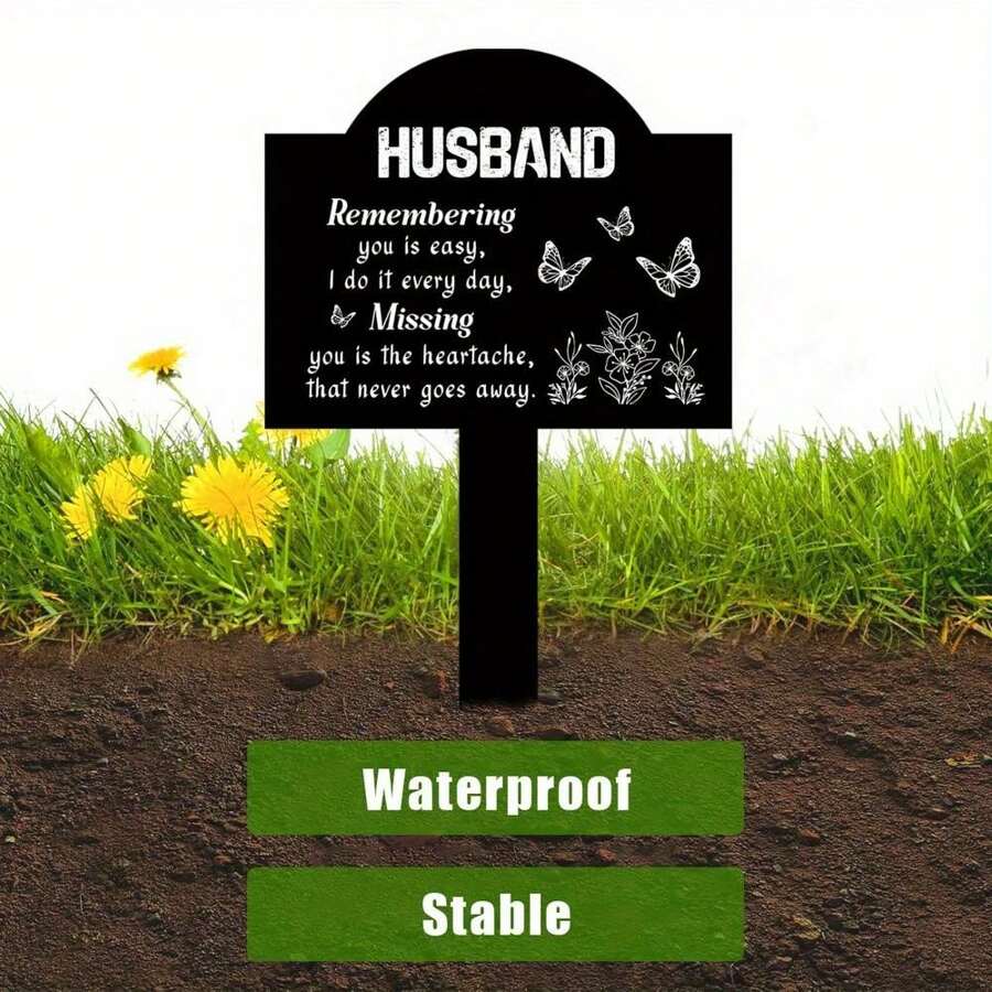4-Season Gift In Memory Of Husband, Black Acrylic Garden Stake - Waterproof Condolence Plaque With Butterfly & Floral Design, Durable Outdoor Gravesite Decor For Patio, Lawn Or Garden, Suitable For Easter Or Year-Round Tribute, Husband Tribute | Elegant Sentiment | Waterproof Plaque, Memorial Keepsake