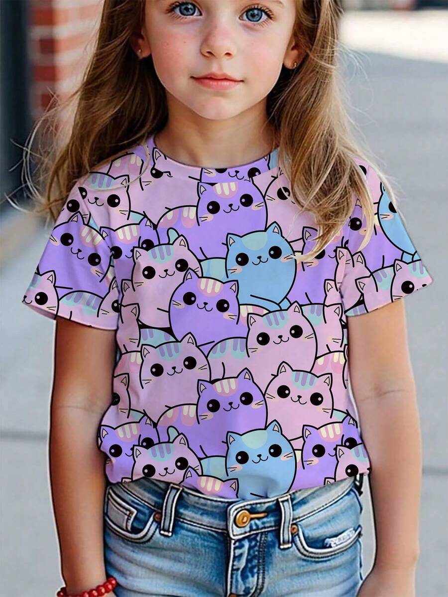 Camiseta de manga corta con cuello redondo y estampado de gato para niñas, top casual para niña joven