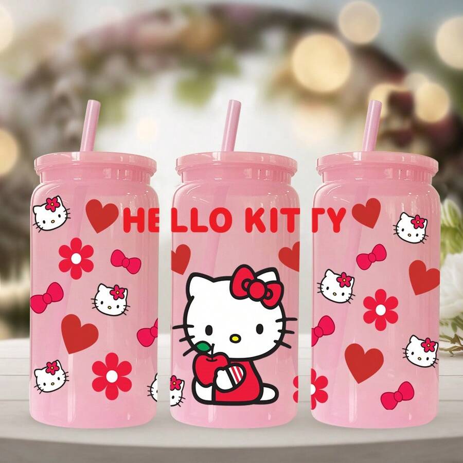 Sanrio 1 pieza Botella de agua de plástico rosa de 16 oz con estampado de Hello Kitty de Sanrio, adecuado para café, bebidas, cerveza, leche, jugo, un gran regalo de hidratación de verano para ella (con pajita reutilizable)