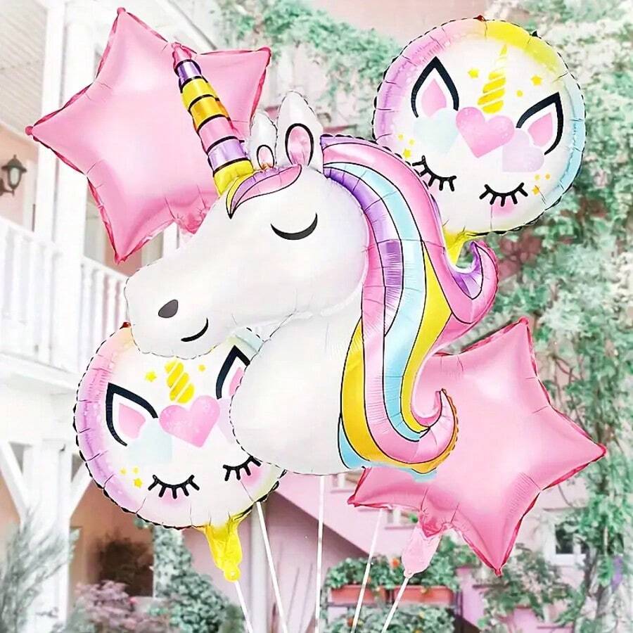 Set de 5 globos de papel de aluminio con forma de estrella en color rosa, combinación de globos con tema de unicornio, adecuado para fiesta de cumpleaños, actividades principales, decoración de boda romántica, eventos con tema de campus y decoración de celebración de aniversario