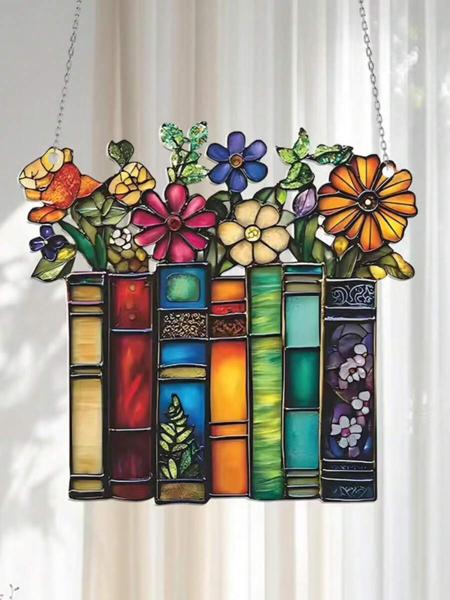 1pc 2D Flat Flower Book Acrylic Sun Catcher Hanging Decor, Book Window Suncatcher, Gift For Book Lovers, Librarians, Reading Club, Library Decoration