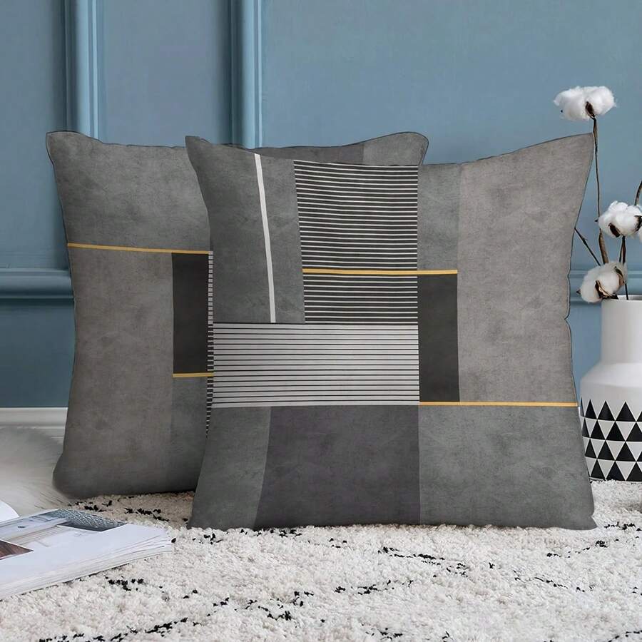 2pcs Modern Black Grey Geometric Throw Pillow Covers, 45x45cm,Polyester Peach Skin, Zip Closure - Perfect For Living Room & Bedroom Decor (Inserts Not Included)