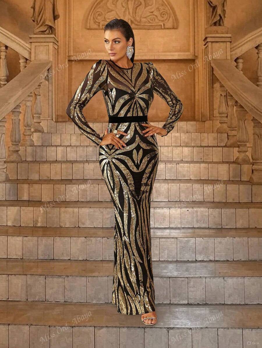 Cut Out Back Mermaid Hem Contrast Sequin Formal Dress Elegant Long Sleeve Prom Evening Wedding Guest Gown, For Graduation, Dinner Party Dress