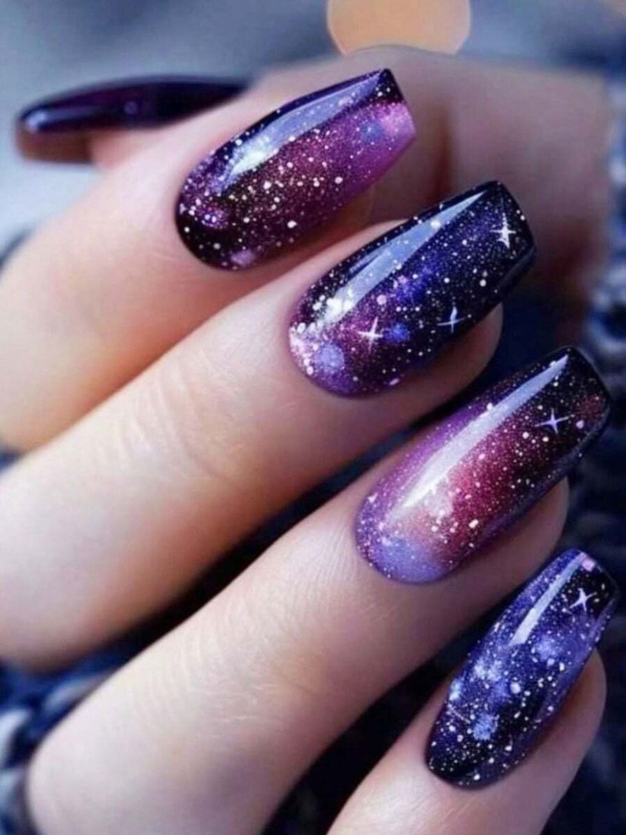 24 Pcs Press On Nails Ballet Fake Nails With Space Themed Design Moon Star With Diamond Acrylic False Nails Glitter Full Cover Stick On Nails For Women And Girls