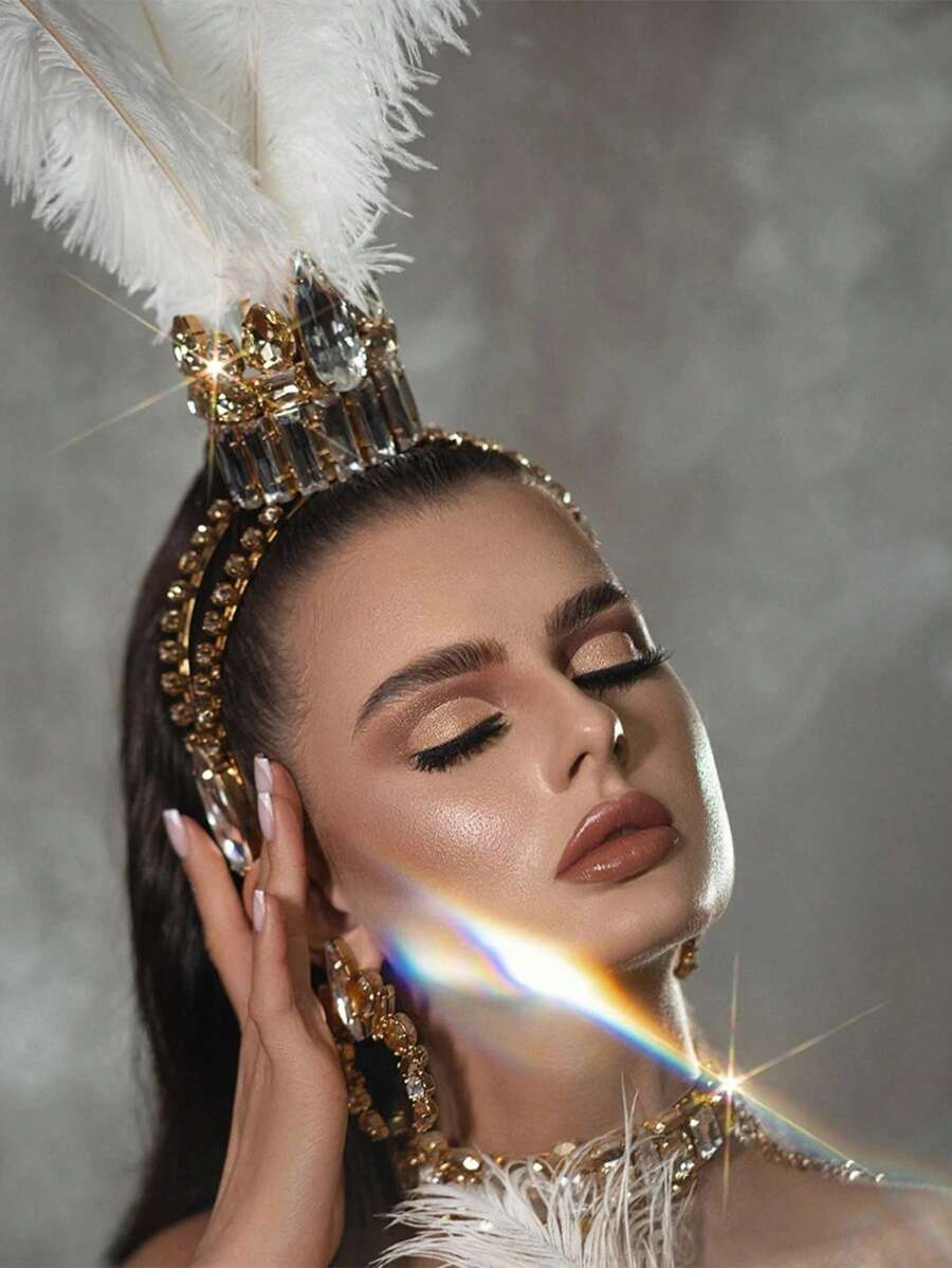 1 Stück Goldweiße Feder Strass Ball Tiara Geeignet für Damenbälle oder Auftritte Kopfschmuck Schmuck Übertrieben Elegante Krone im exotischen Stil