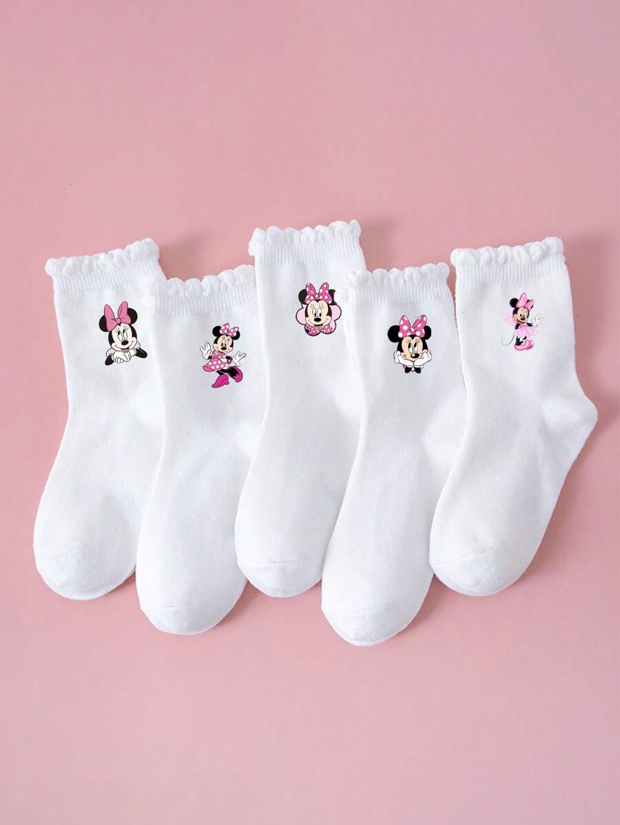 Disney 5 pares de calcetines deportivos para niños/niñas para primavera/verano, con decoración de ratón de dibujos animados, fashionables, suaves, transpirables, absorben la humedad, adecuados para estudiantes, uso diario, regalos, viajes