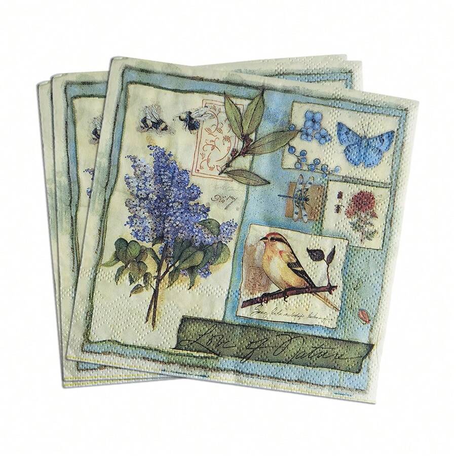 20pcs 2-Ply Disposable Colored Printed Floral & Bird Pattern Wood Pulp Napkins