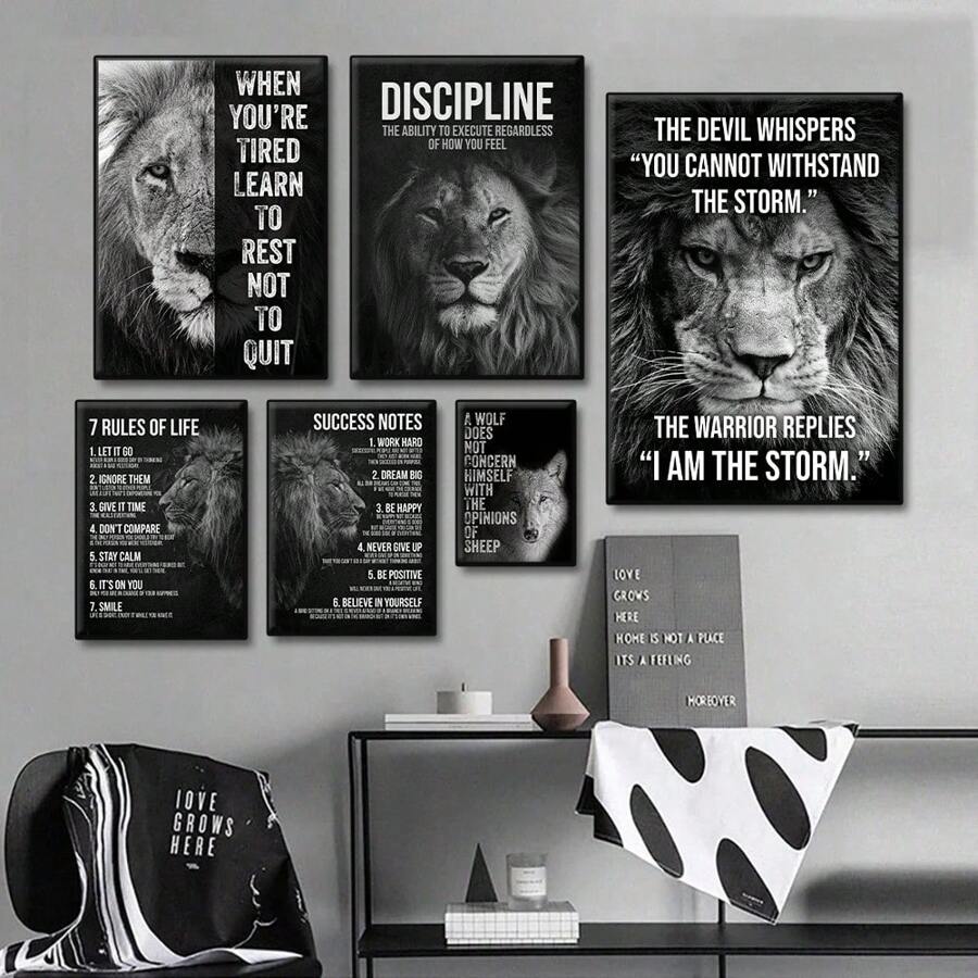 1 pezzo Tela stampata con dipinto di un leone, citazione motivazionale, poster animale ispiratore e positivo per decorazione d'ufficio o casa, senza cornice