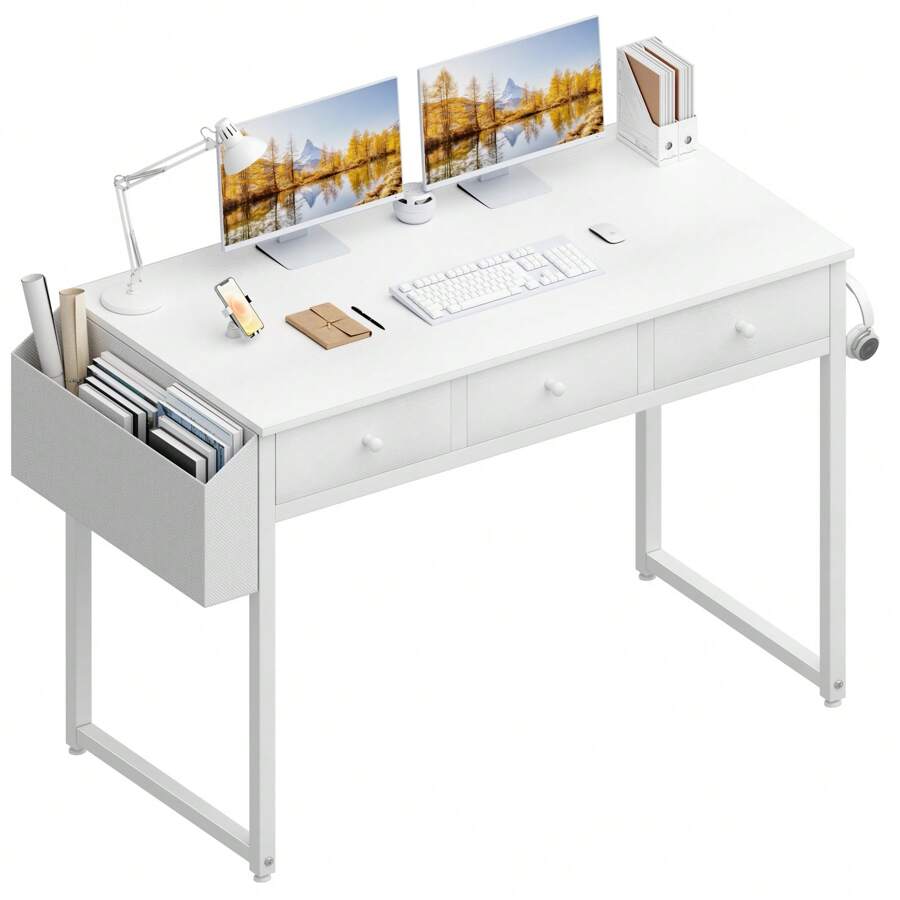 Lufeiya Small White Computer Desk With Fabric Drawers For Home Office Bedroom, 40 Inch Vanity Desk With Drawer Storage And Side Pouch, Study Writing Table, White