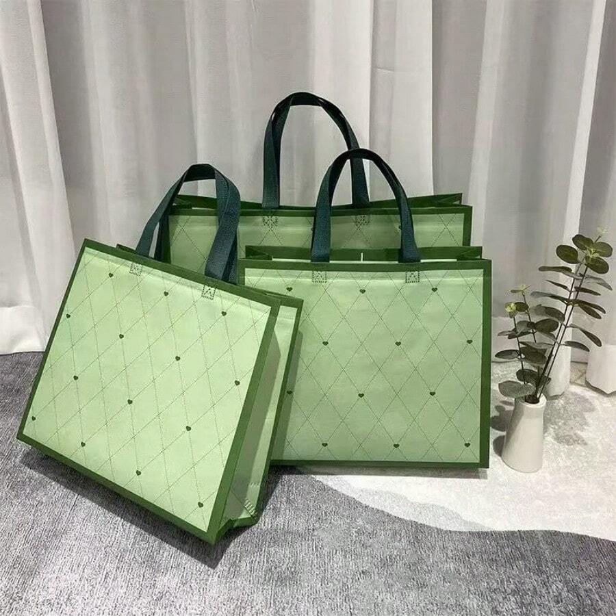 12pcs/Green Heart Covered Non-Woven Handbag, Simple And Atmospheric Shopping Bag, Gift Bag Summer Cooling,Beach,Travel