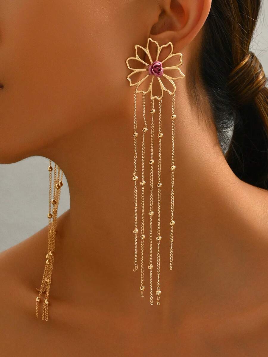 1 Paar Blumen-dekorierte, kreative Quasten lange elegante Hängeohrringe, vielseitig modisch für den täglichen Gebrauch, Sommer