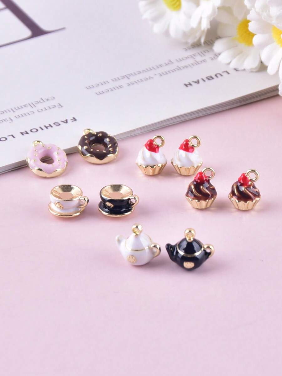 10pcs Mixed Style Cup, Teapot, Donut Shaped DIY Zinc Alloy Jewelry Pendant, Earrings, Necklace Accessories