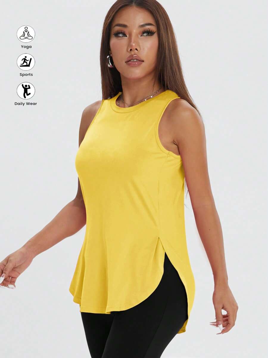 1pc Women Casual Loose Sleeveless Sports Top, Solid Color Crew Neck With Side Slit, Comfortable For Fitness, Spring/Summer