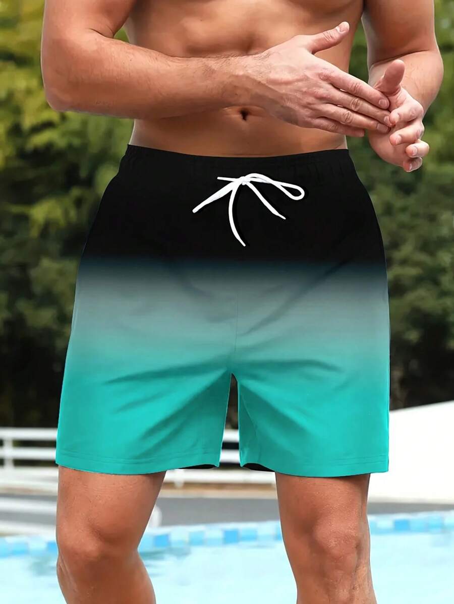Pantaloni scurți pentru bărbați, în culori de contrast și degrade, cu șnur și buzunare, ocazional și pantaloni scurți pentru ținuta zilnică de vară și vacanța la plajă