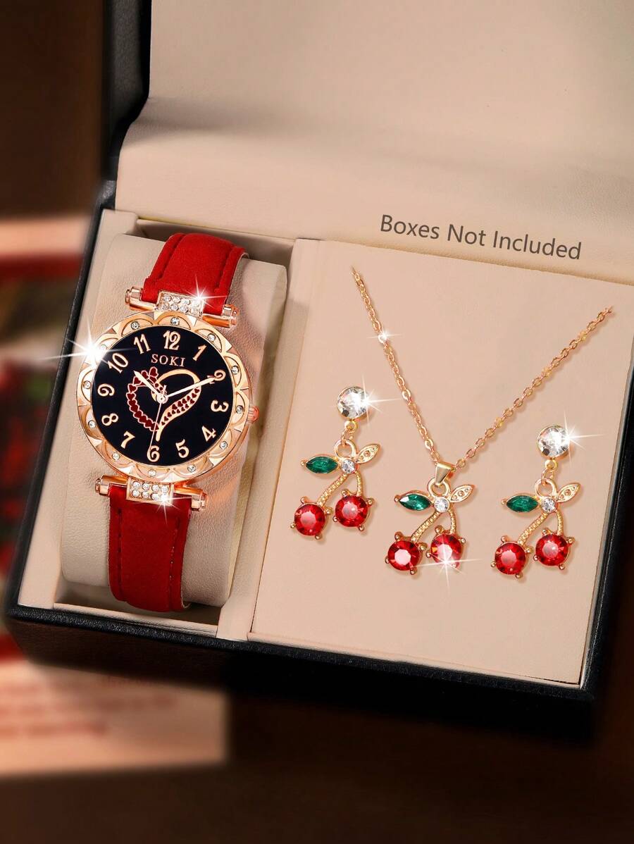 SOKI SOKI Set de 4 piezas para mujer que incluye un reloj de cuarzo con esfera redonda y números arábigos casual y elegante, un collar con diseño de cereza, aretes a juego y un estuche. Perfecto para uso diario, vuelta al colegio, temporada de graduación, Acción de Gracias y como regalo para parejas. Estuche no incluido.