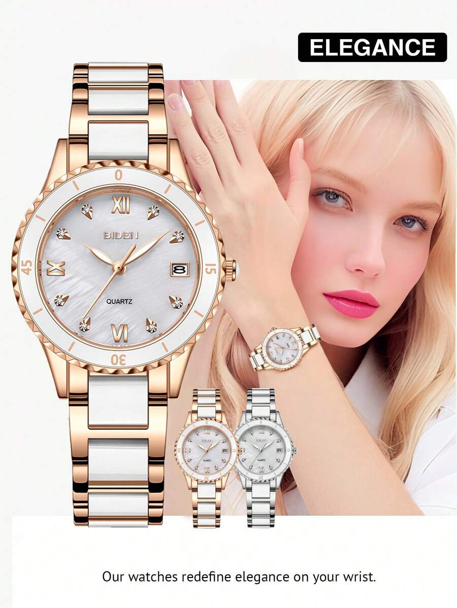 BIDEN 1 peça pequeno relógio redondo retrô luxuoso feminino, elegante relógio de quartzo com pulseira, design clássico relógio feminino com data