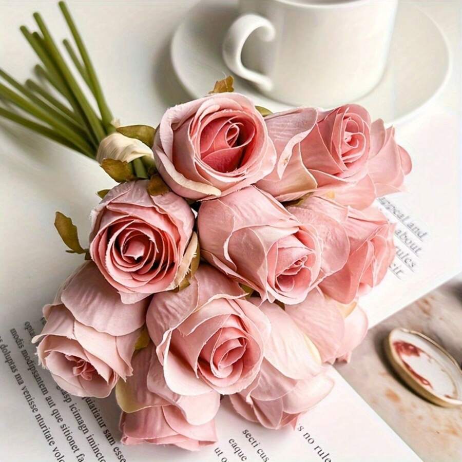 12 pièces Real Touch, bouquet de roses artificielles, convient pour la décoration de mariage, de maison et de table, idéal pour le bouquet de mariée, l'arrangement de salon et le festival, embellissement de décoration intérieure | Décoration de haie fleurie | Roses artificielles réalistes, fleurs artificielles d'extérieur 12 tiges de fleurs artificielles adaptées à la décoration de la maison, bouquet de roses artificielles réalistes, hôtel, décoration de table à la maison, arrangement de mariage, bouquet de mariée, cadeau de Saint-Valentin, fête des mères.
