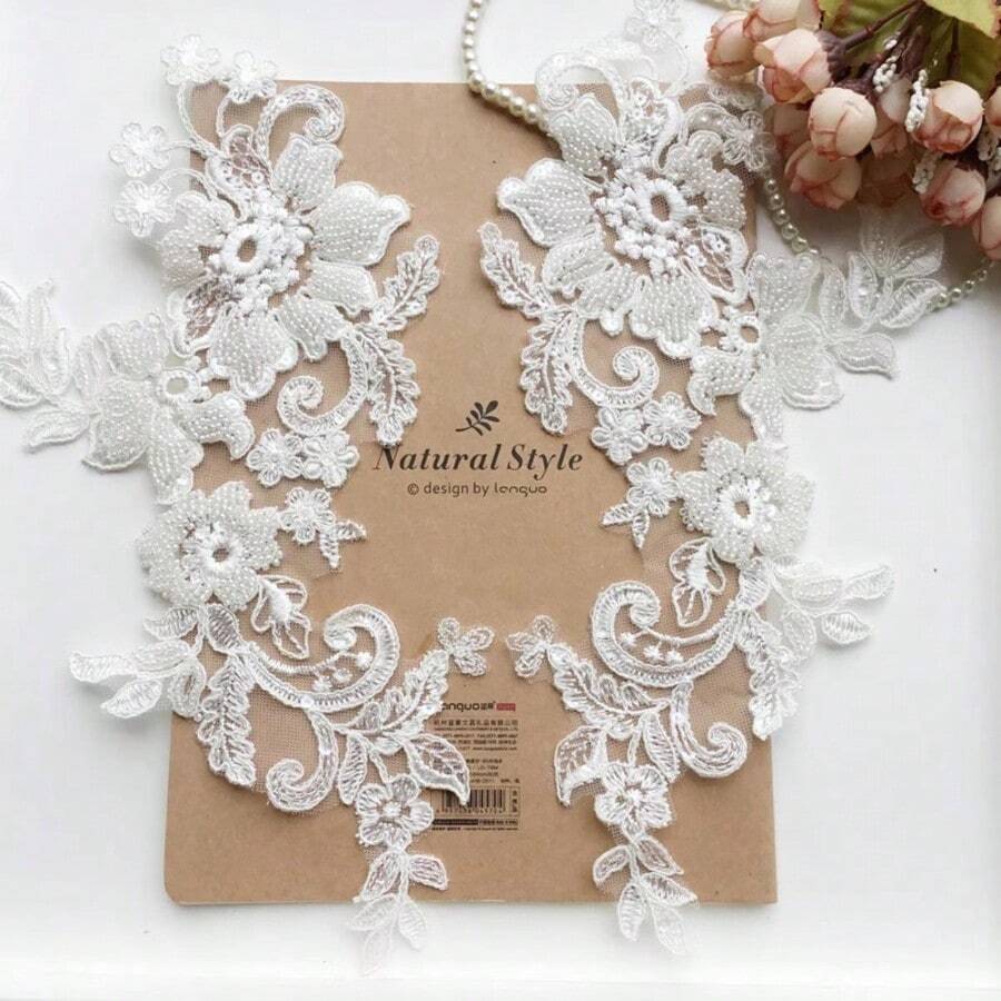 1 Pair Delicate White Embroidered Pearl Flower Cloth Patch, 15.5 * 30 Cm, Decoration For Wedding Dress And Evening Gown