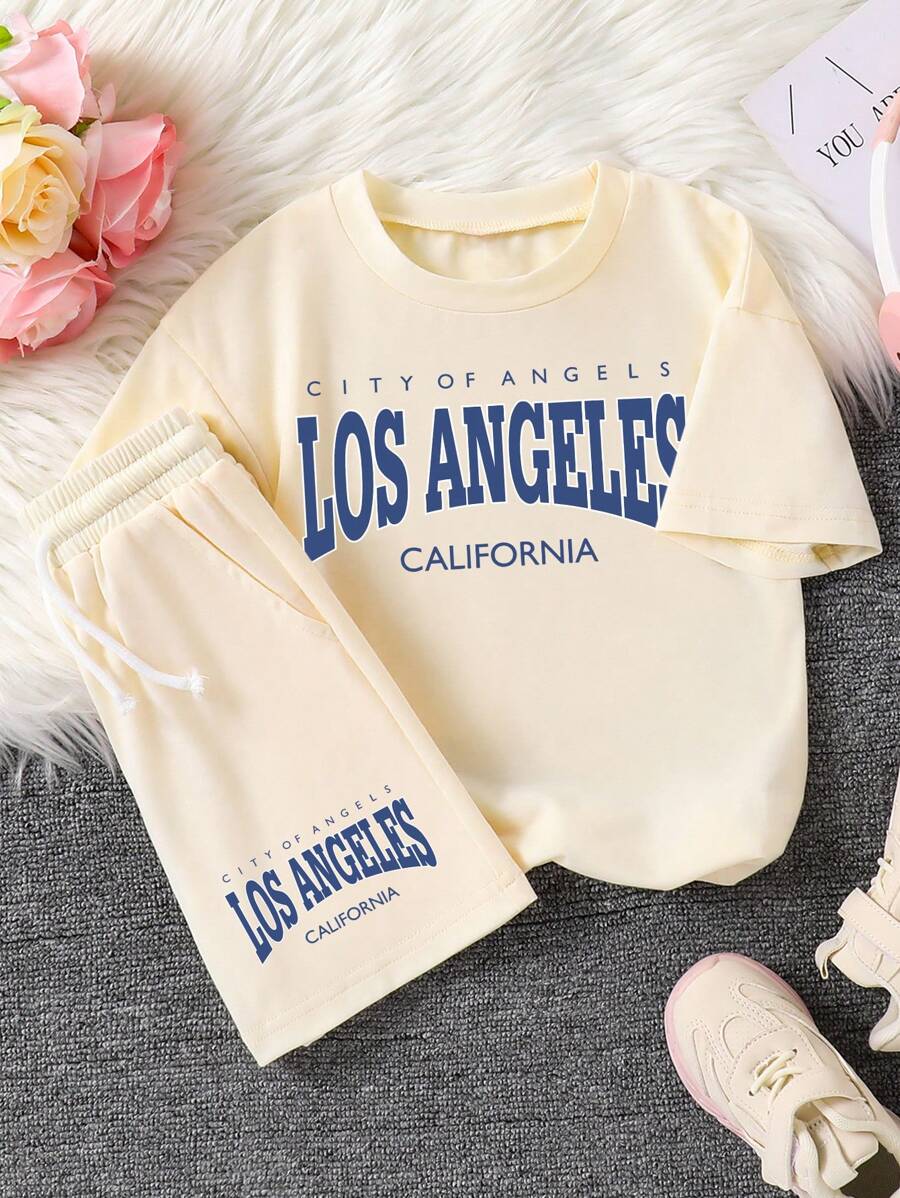 Ensemble T-shirt à col rond à manches courtes et short avec imprimé lettres pour préadolescentes