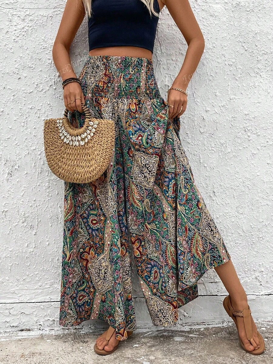 Pantalones culotte anchos de cintura elástica y estilo bohemio