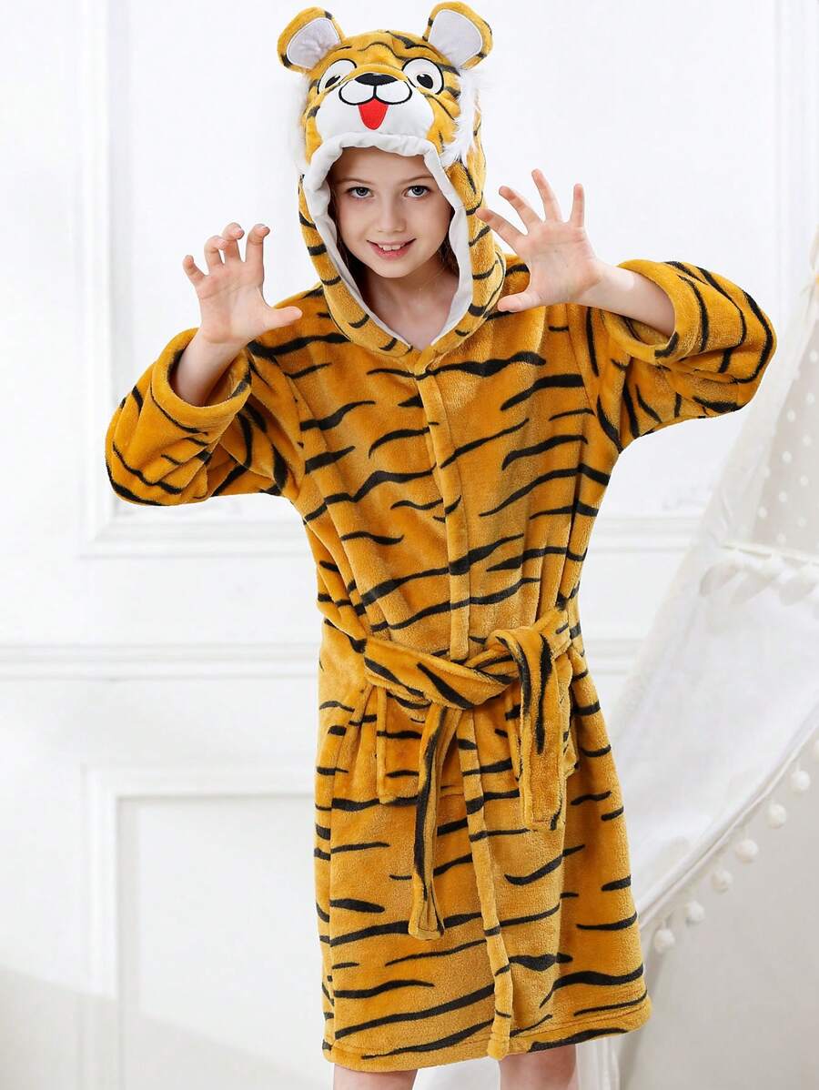 MICHLEY MICHLEY 1pc Kids Hooded Bathrobe With Belt Pockets Cartoon Animal Tiger Style Soft And Comfortable Nightgown Unisex Suitable For Living Room, Swimming Pool, Bathroom Kids Gift