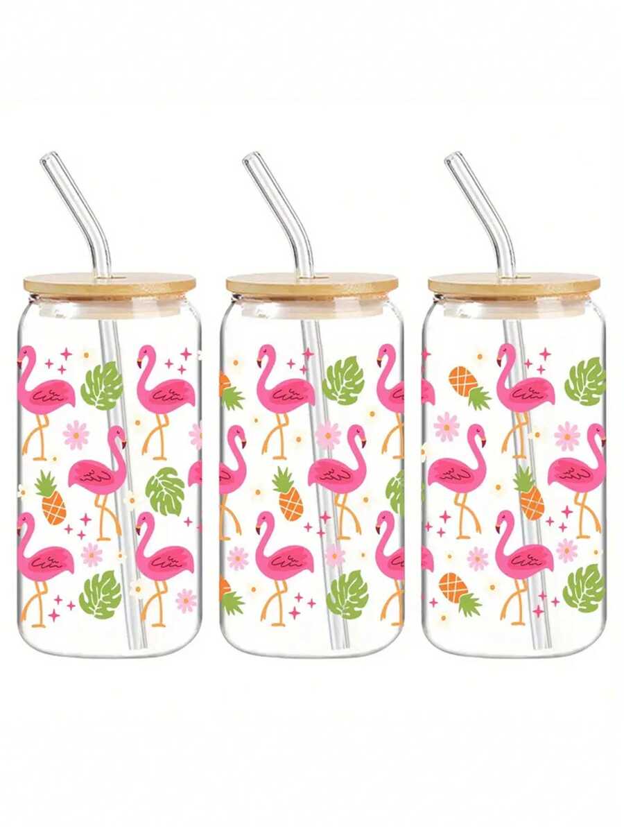 4pcs/Set UV DTF Transfer Stickers, Flamingo & Pineapple Pattern Design Decals, DIY Waterproof Transfer Stickers For Cups, Mugs, Glass, High Quality, Waterproof & Scratch-Resistant