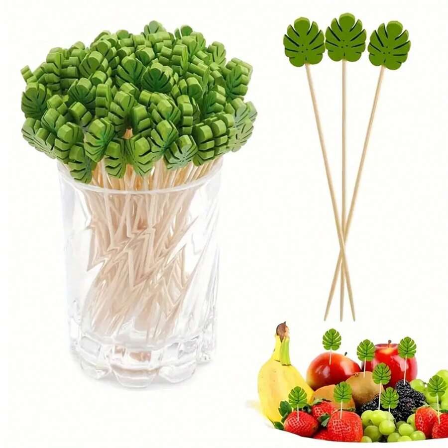 20/50/100/200pcs Monstera Leaf Design Fruit Picks, Party Decor Toothpicks, Hawaiian Bamboo Sticks, Suitable For Fruit, Dessert, Fruit Bowl Decor, Outdoor BBQ