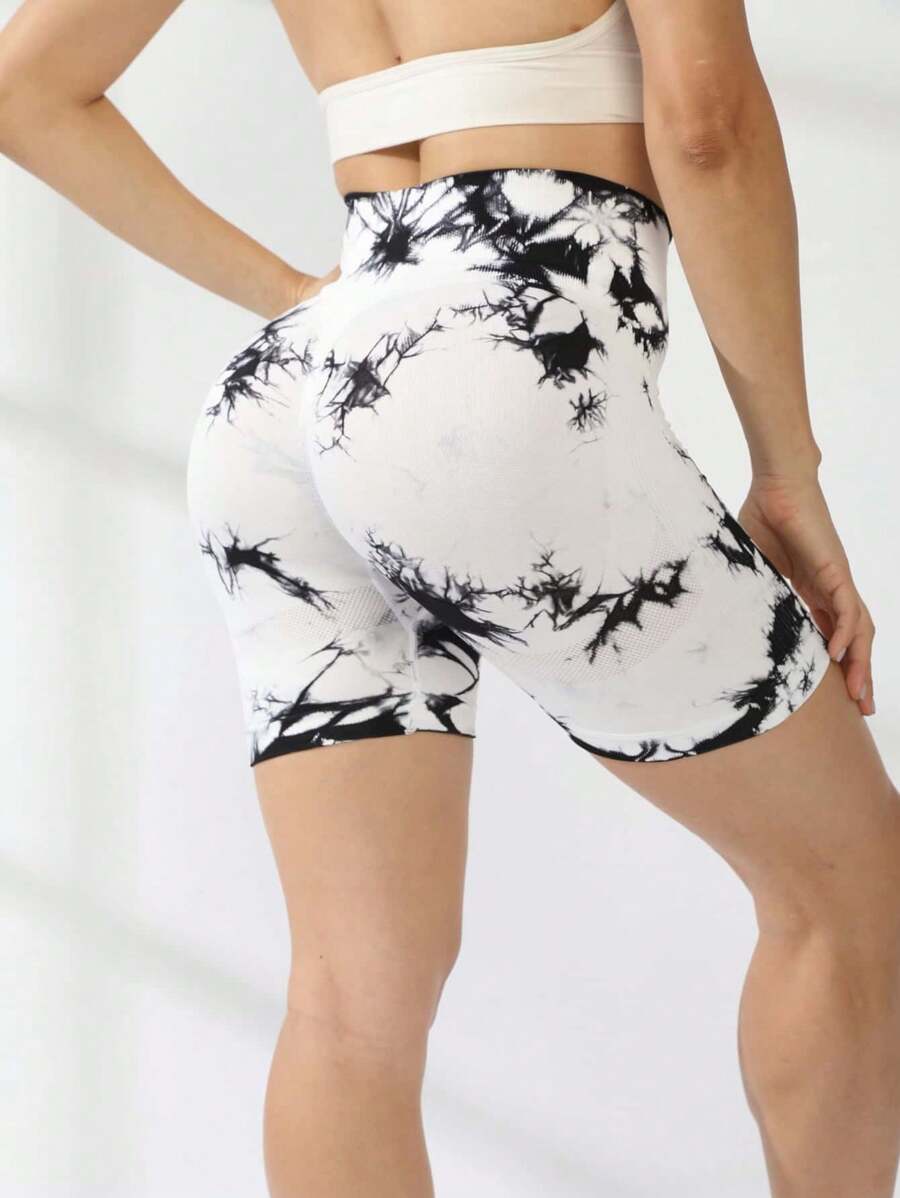 1pc Tie-Dye Allover Print Seamless Yoga/Exercise Shorts, High Waisted Tummy Control, Breathable & Quick Dry, Casual-Sporty, Spring/Summer