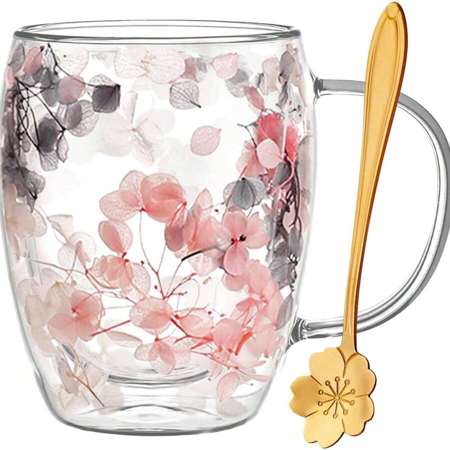 Tazza in vetro doppia parete da 300ml con fiori secchi, tazza da tè in vetro carina con manico, regalo di Natale, compleanno, inaugurazione casa, tazza autunnale creativa, decorazione per la casa