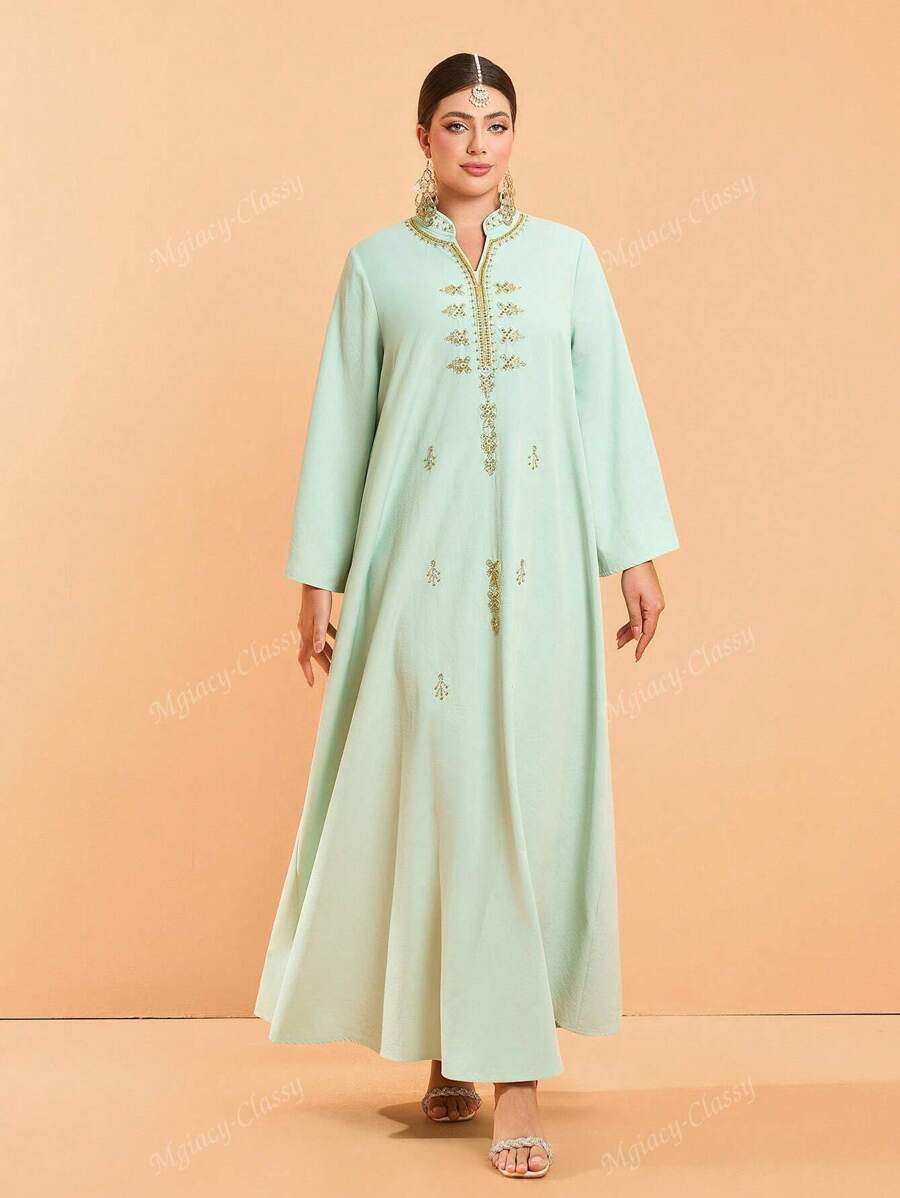 Abito lungo da donna con scollo a V, verde, ricamato con perle, maniche lunghe, nuova collezione Mgiacy