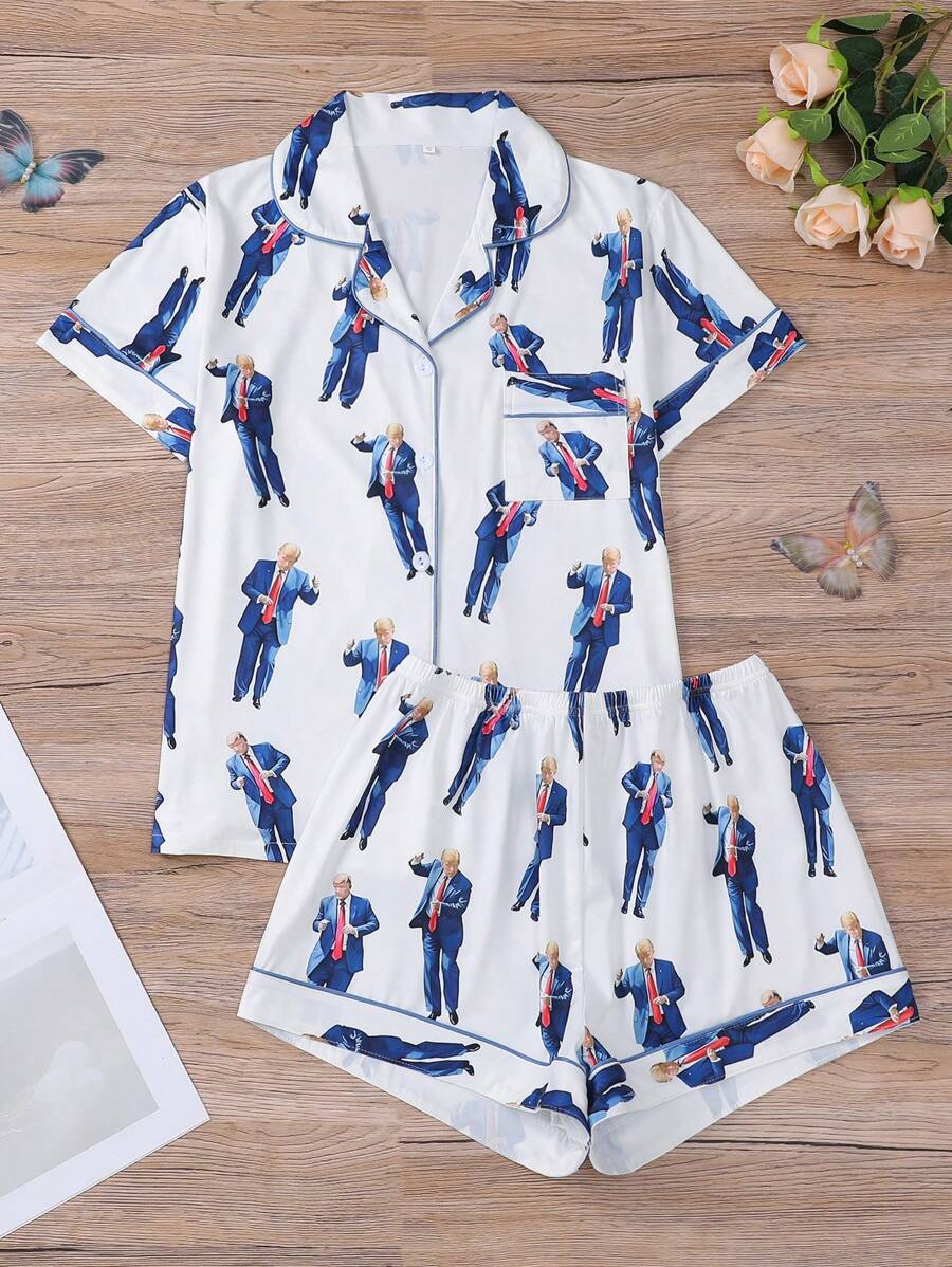 Two Piece Women's Pajama Set With Figure Print, Knitted Fabric, Short Sleeved Button Top, Matching Shorts, Pajama Set, Collar And Pocket Details, Women's Pajama, Suitable For Women's Adult Pajama Set