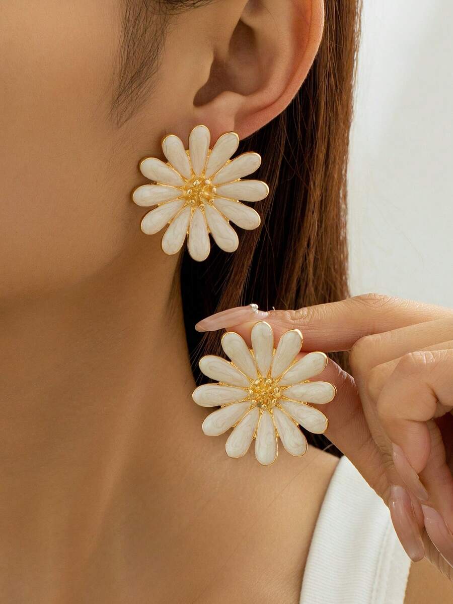 1 Pair Sweet Daisy Flower Shaped Resin Drop Earrings For Women, Summer Style