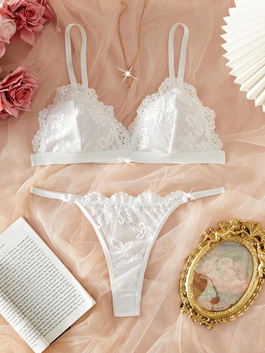 1 Set Women's Sexy Lace Patchwork Solid Color Cami Bra And Panty Underwear Set