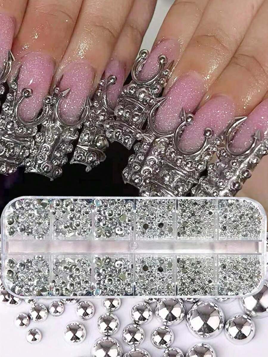 12 Grids/Box Nail Charms Half Round Silver Pearls Nail Charms Series Nail Jewelry Nail Parts Mixed 3D Nail Art Decoration For Manicure Supplies