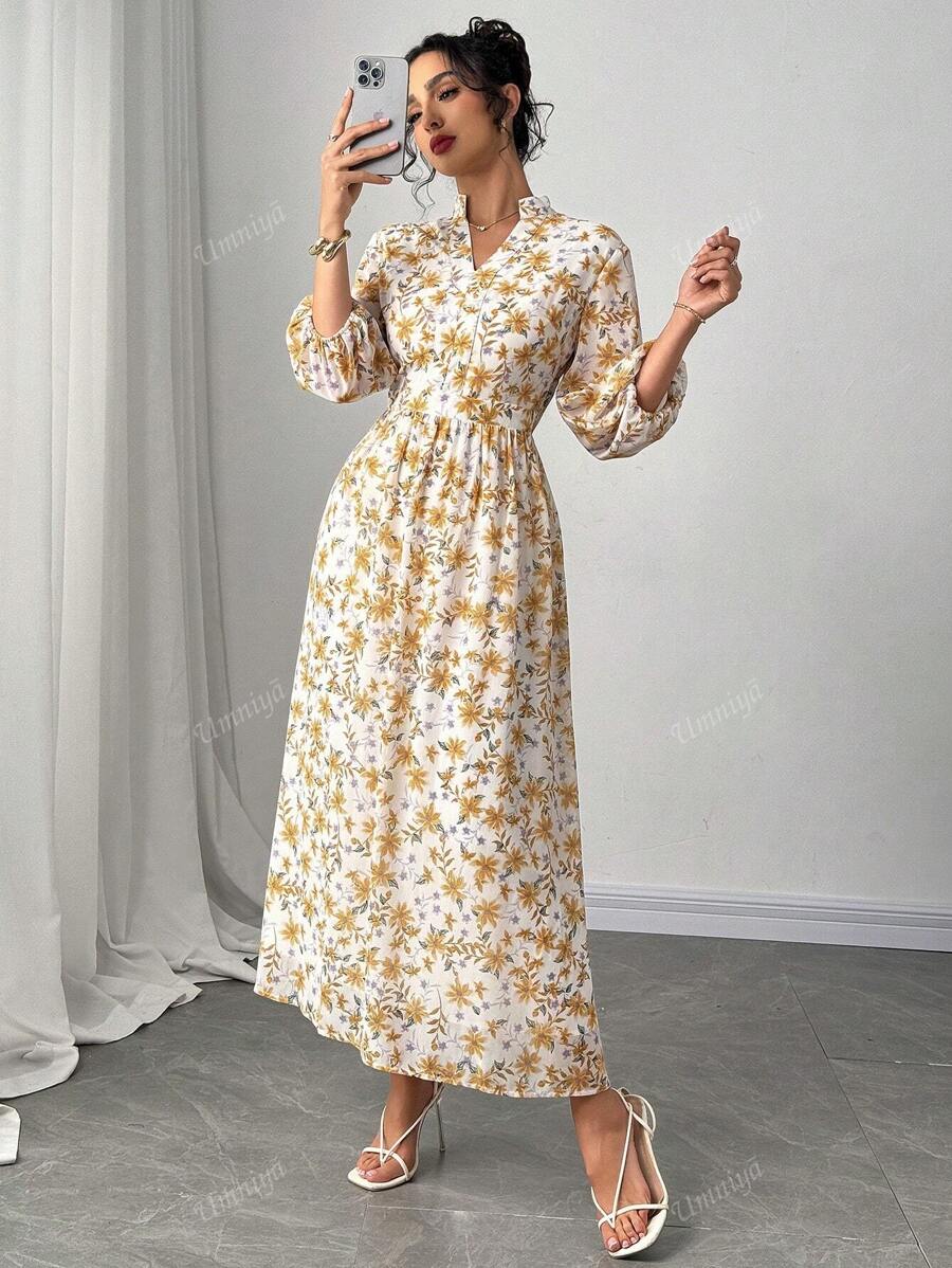 Nuovo arrivo Abito elegante da donna con stampa floreale, manica a lanterna/scollo a V/linea A, primavera/estate